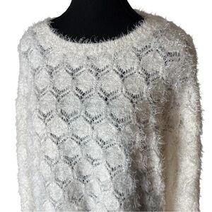 JOSEPH A White Fuzzy Geometric Pattern Knit Pullover Sweater Size Medium Large